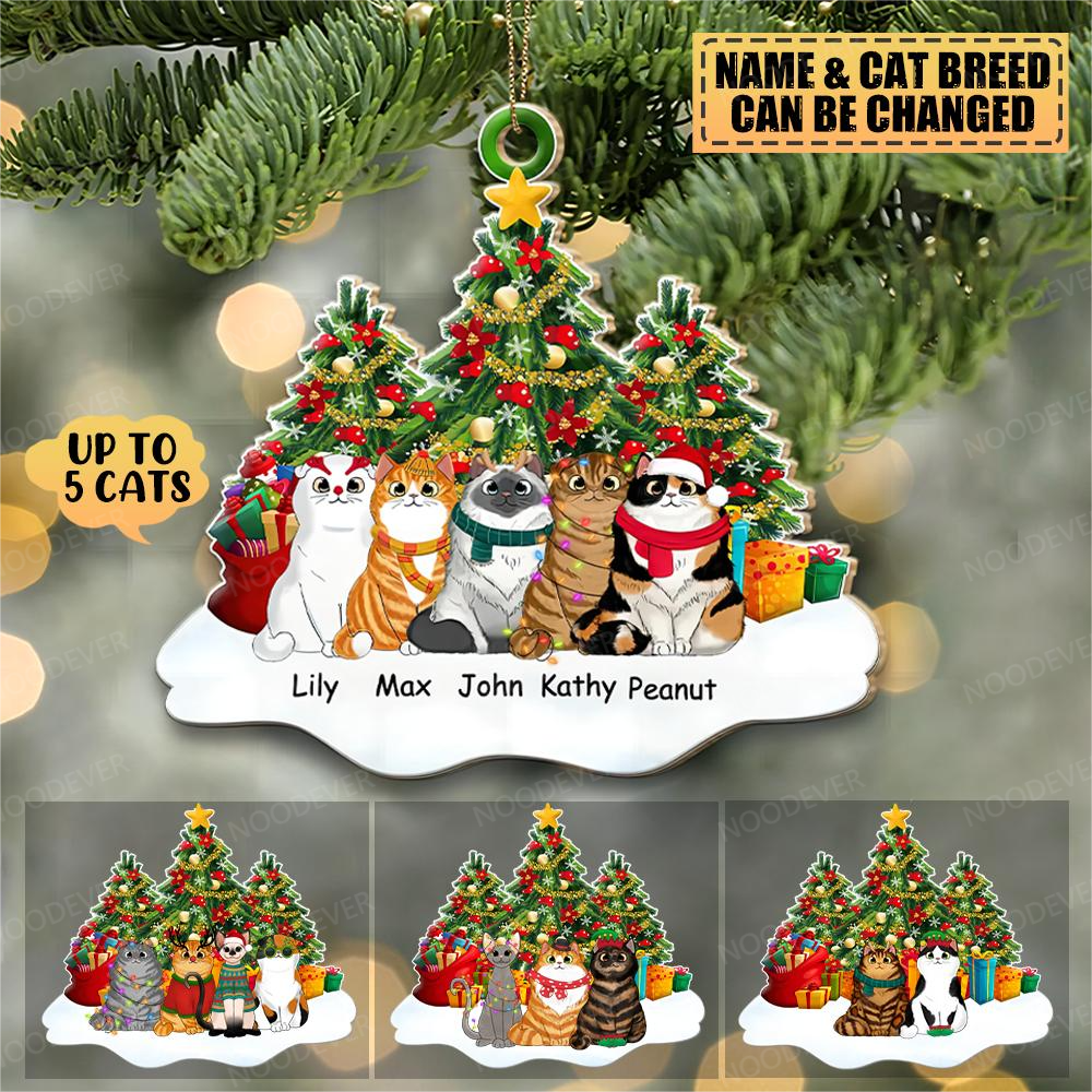 Personalized Fluffy Cats Sitting On Snow Christmas Tree-Two Sided Ornament