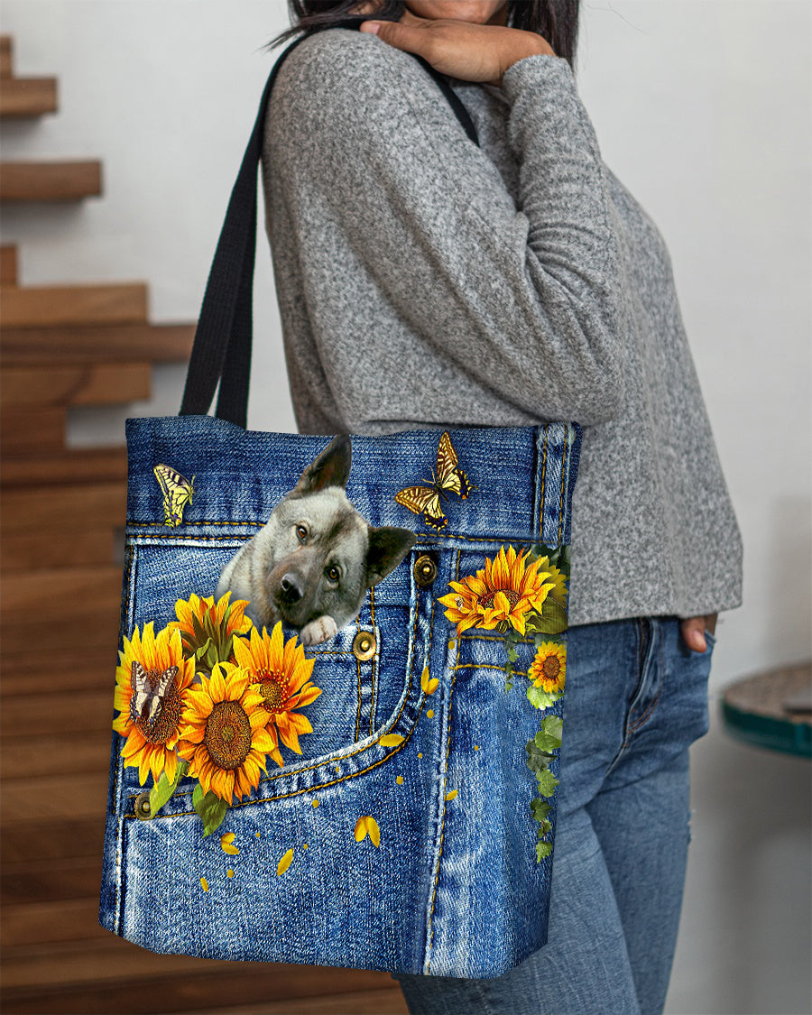 Norwegian Elkhound-Sunflowers &amp; Butterflies Cloth Tote Bag