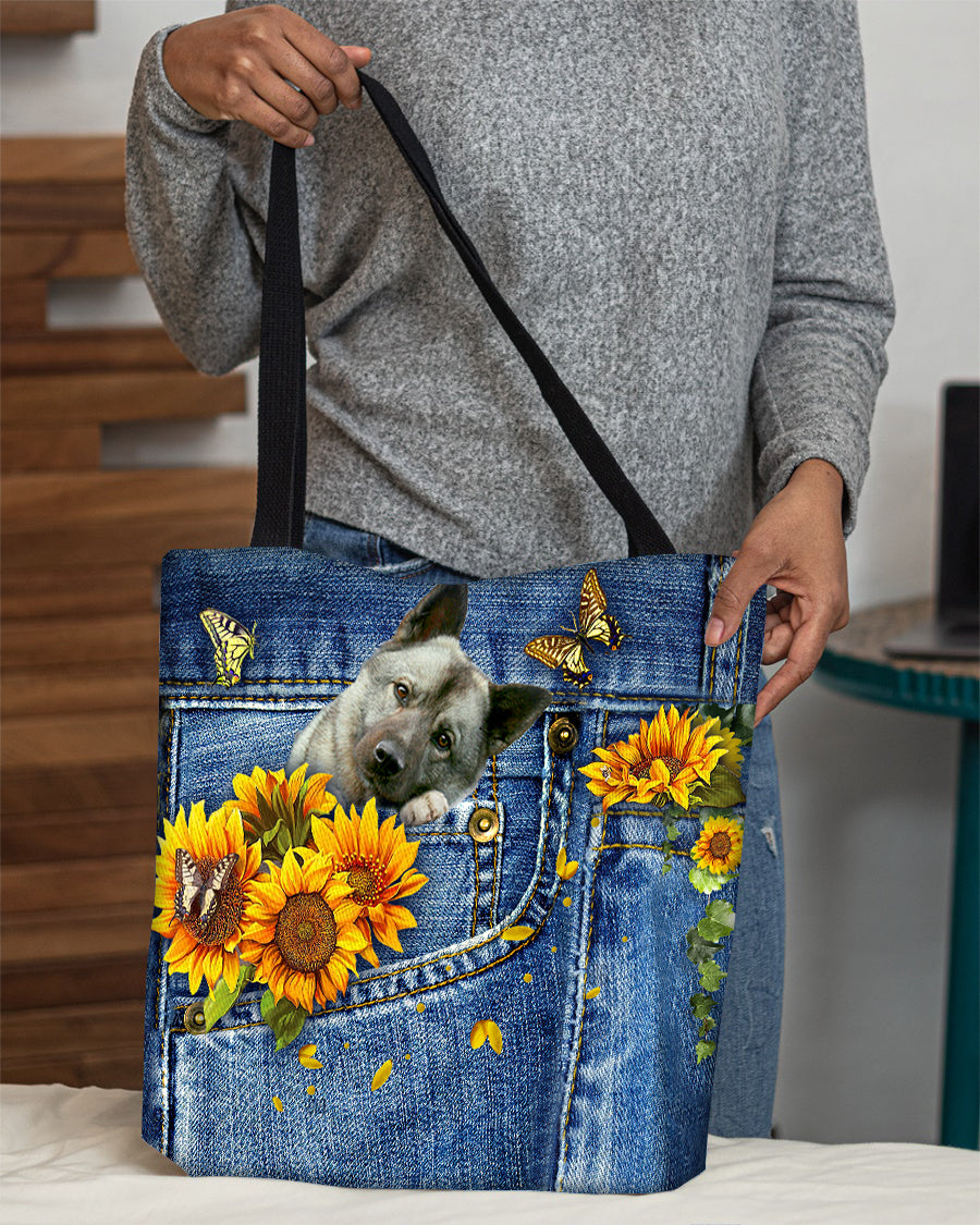 Norwegian Elkhound-Sunflowers &amp; Butterflies Cloth Tote Bag