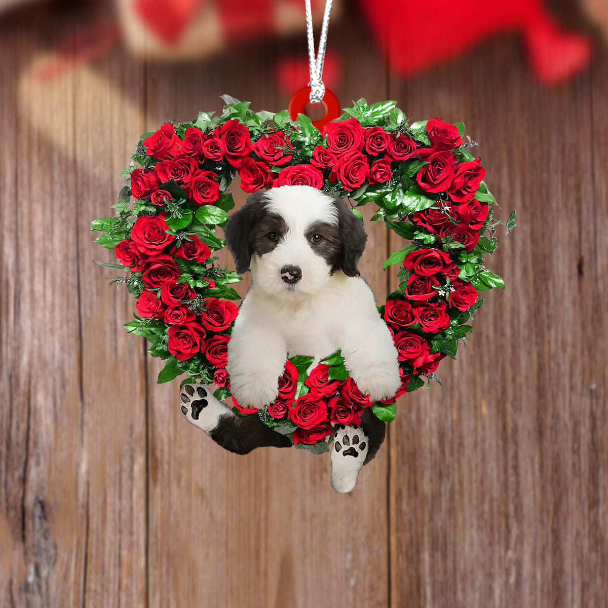 Old English Sheepdog-Heart Wreath Two Sides Ornament
