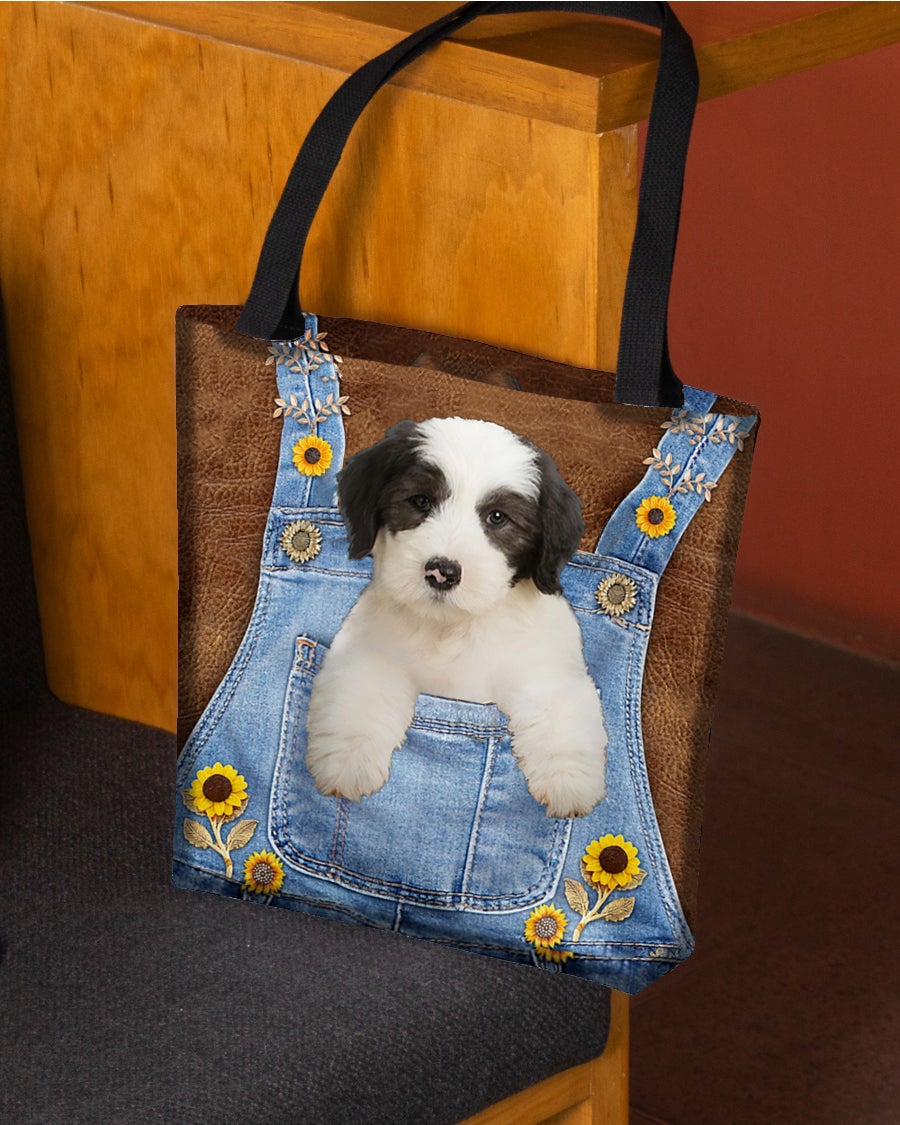 Old English Sheepdog And Sunflower-Cloth Tote Bag