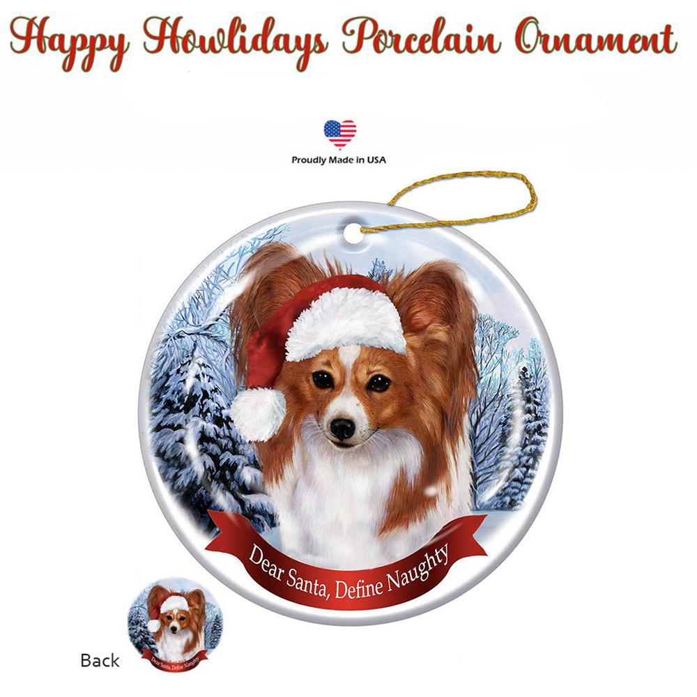 Papillon (Red &amp; White) Santa Hat Porcelain Christmas Ornament