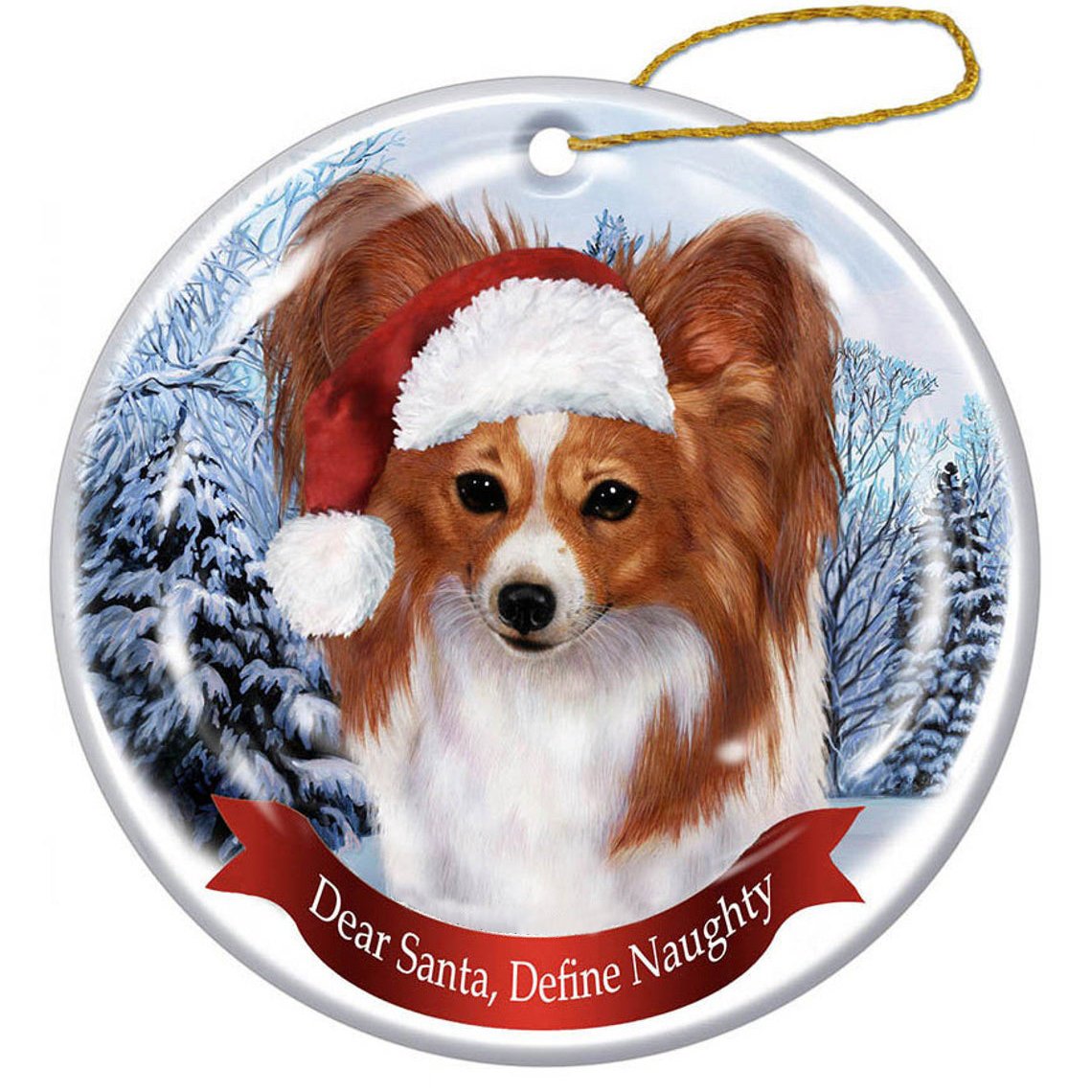 Papillon (Red &amp; White) Santa Hat Porcelain Christmas Ornament