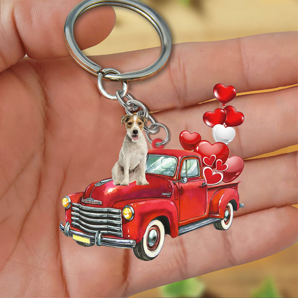 Parson Russell Terrier-Red Sports Car flat Acrylic Keychain