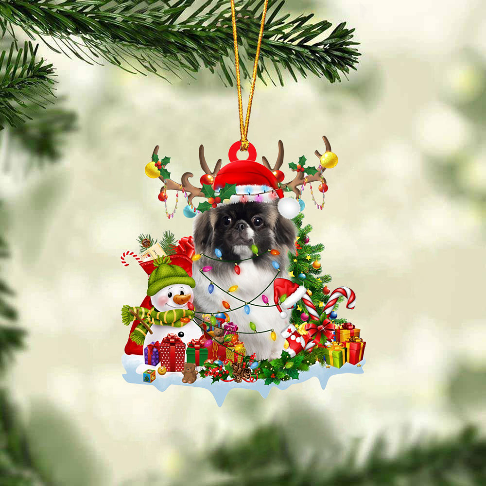 Pekingese-Elk &amp; Snowman-Two Sided Ornament
