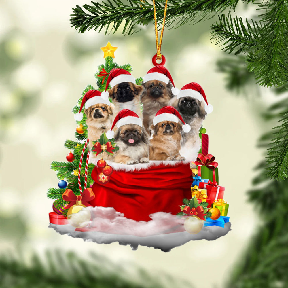 Pekingese-Christmas Bag&amp;Dogs-Two Sided Ornament