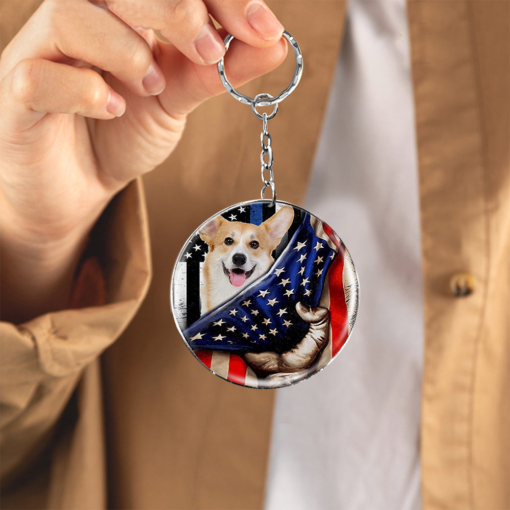 Pembroke Welsh Corgi-Inside American Flag Independence Day Round Resin Epoxy Metal Keychain