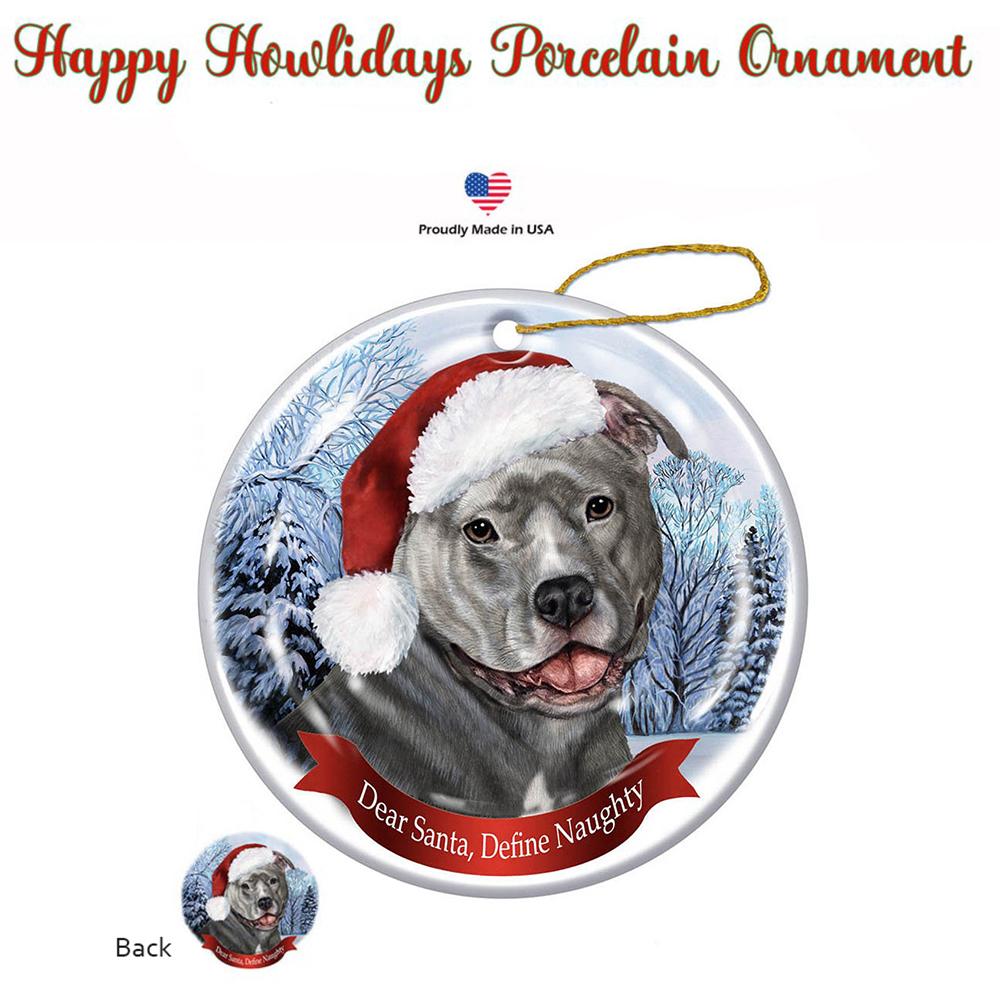 PitBull (Uncropped Blue) Santa Hat Porcelain Christmas Ornament