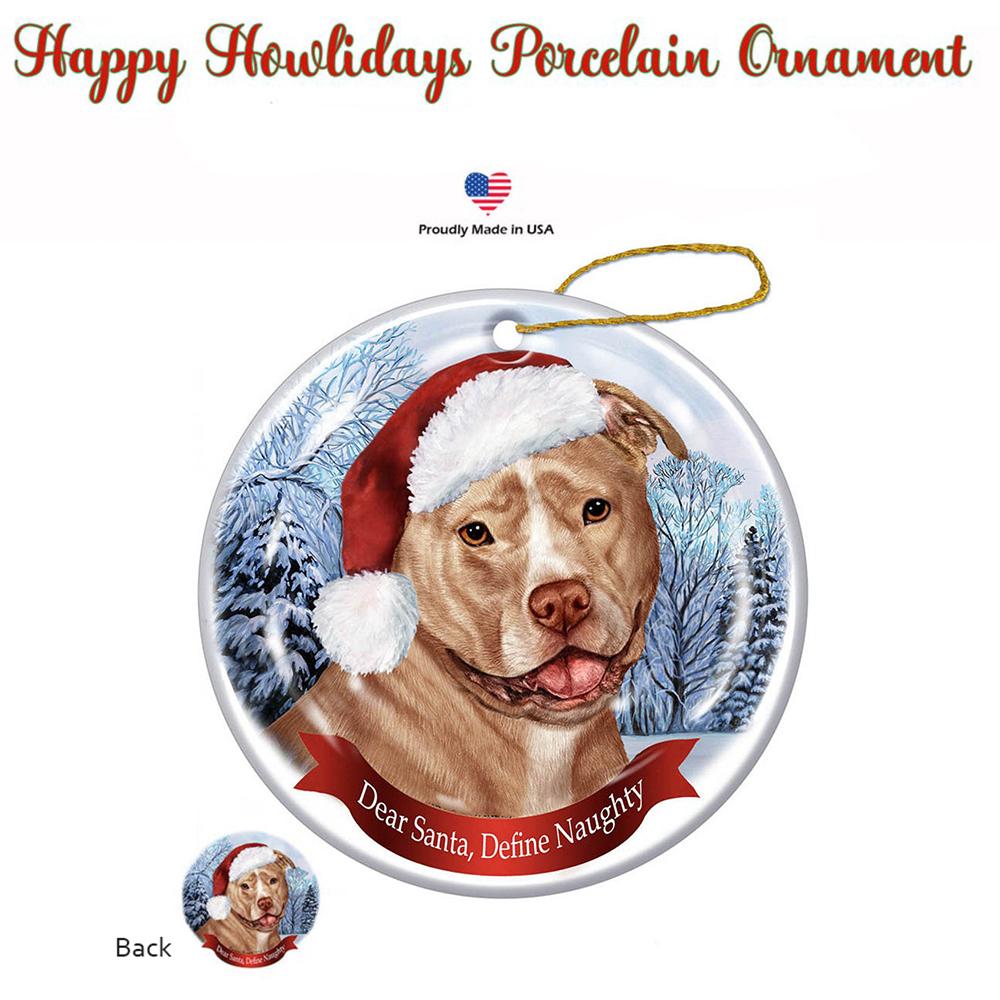 PitBull (Uncropped Cream &amp; White) Santa Hat Porcelain Christmas Ornament