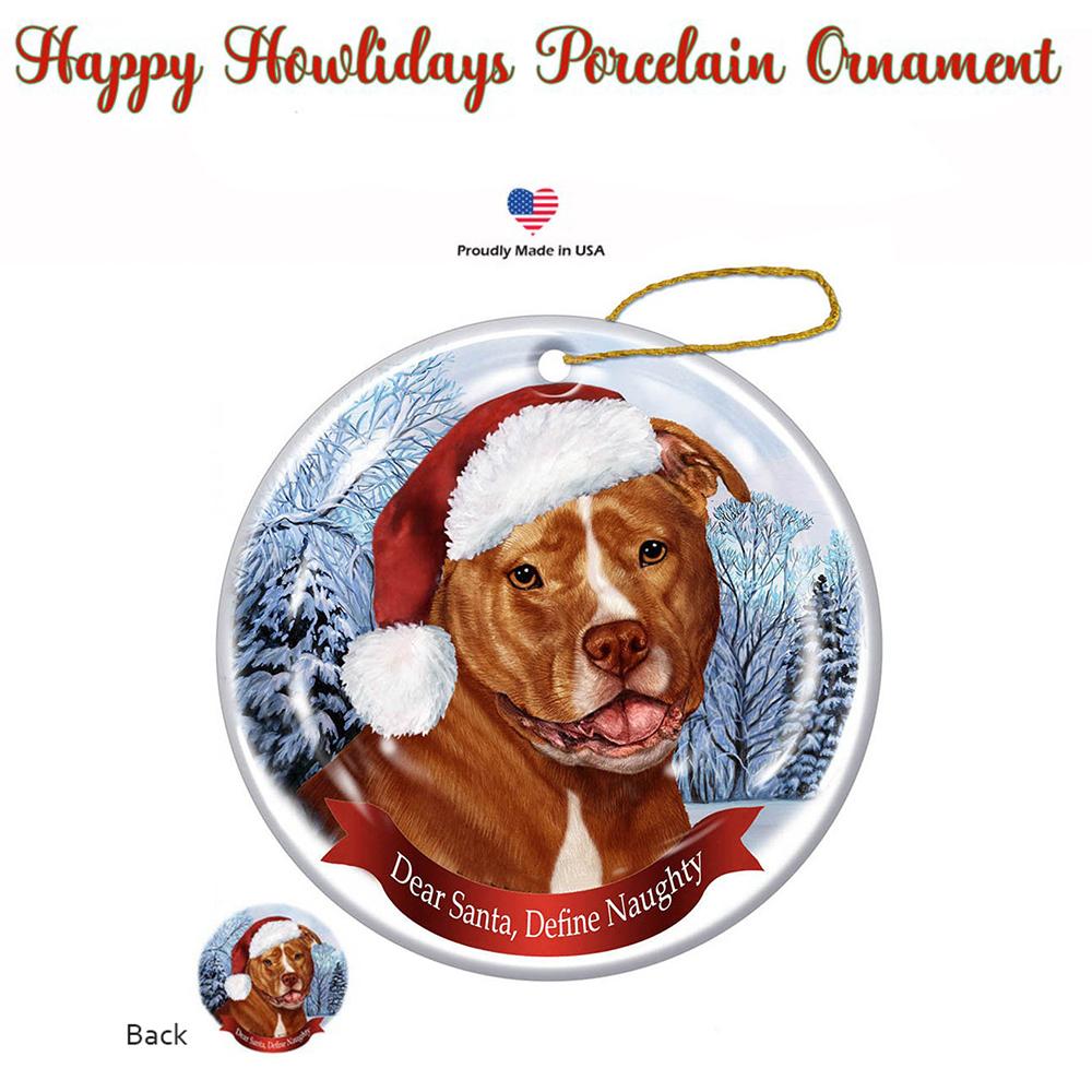PitBull (Uncropped Orange &amp; White) Santa Hat Porcelain Christmas Ornament