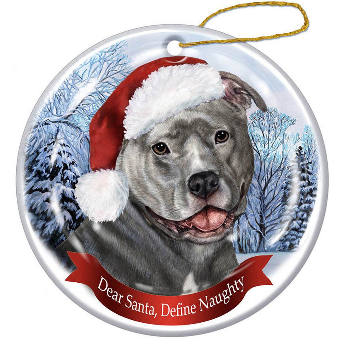 PitBull (Uncropped Blue) Santa Hat Porcelain Christmas Ornament