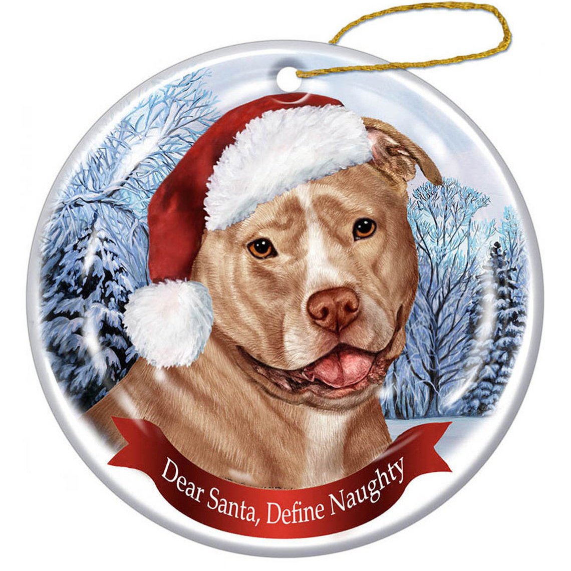 PitBull (Uncropped Cream &amp; White) Santa Hat Porcelain Christmas Ornament