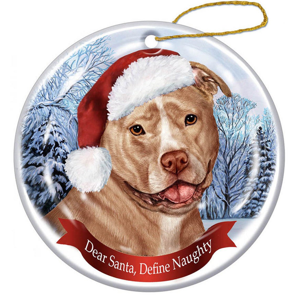 PitBull (Uncropped Cream & White) Santa Hat Porcelain Christmas Ornament