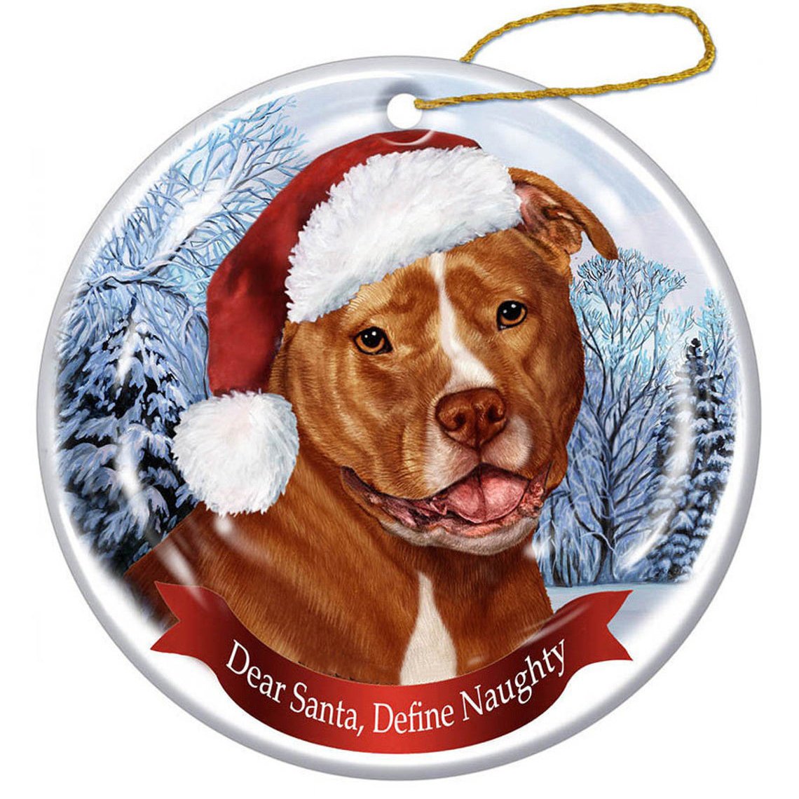 PitBull (Uncropped Orange & White) Santa Hat Porcelain Christmas Ornament