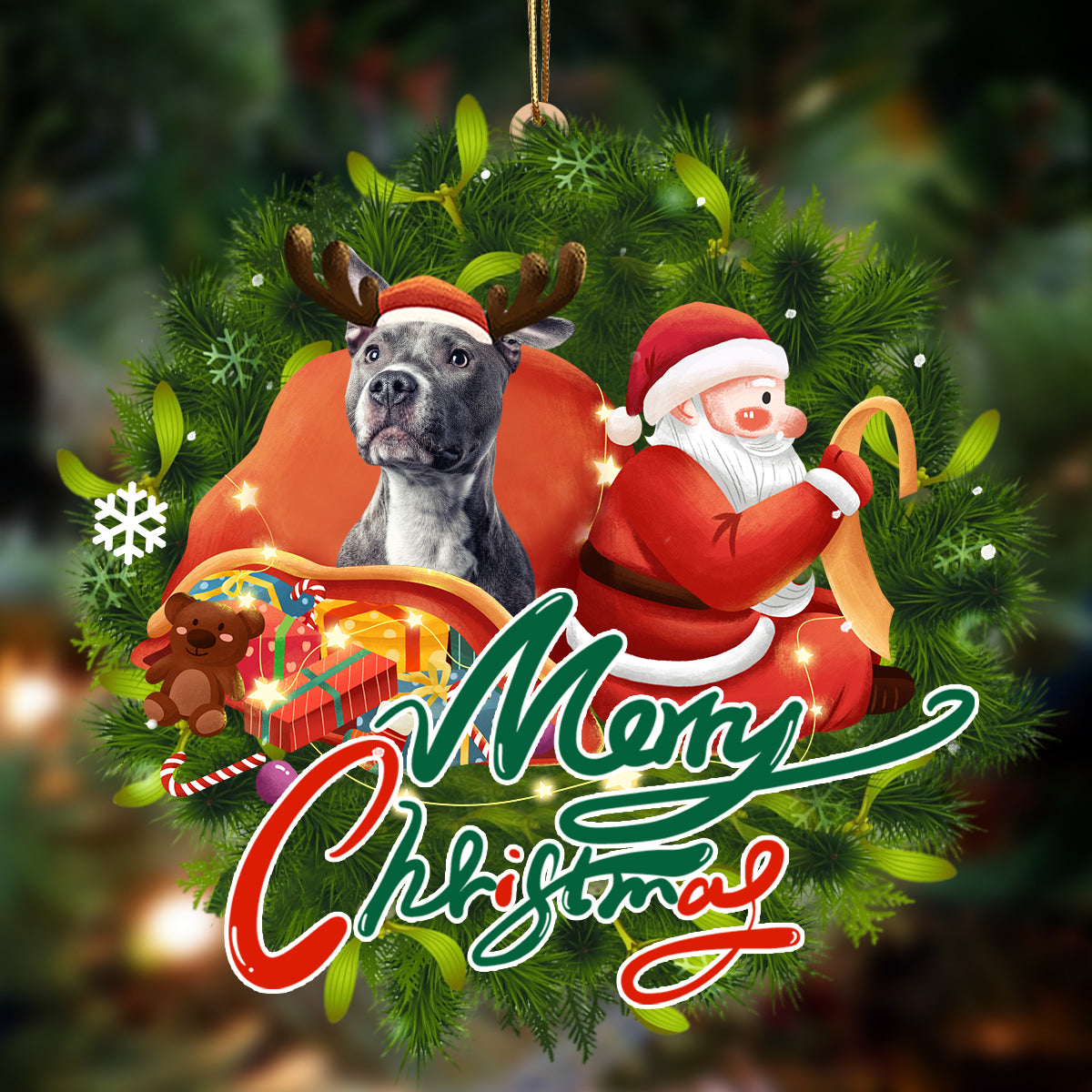 Pitbull Dog-Santa &amp; dog Hanging Ornament