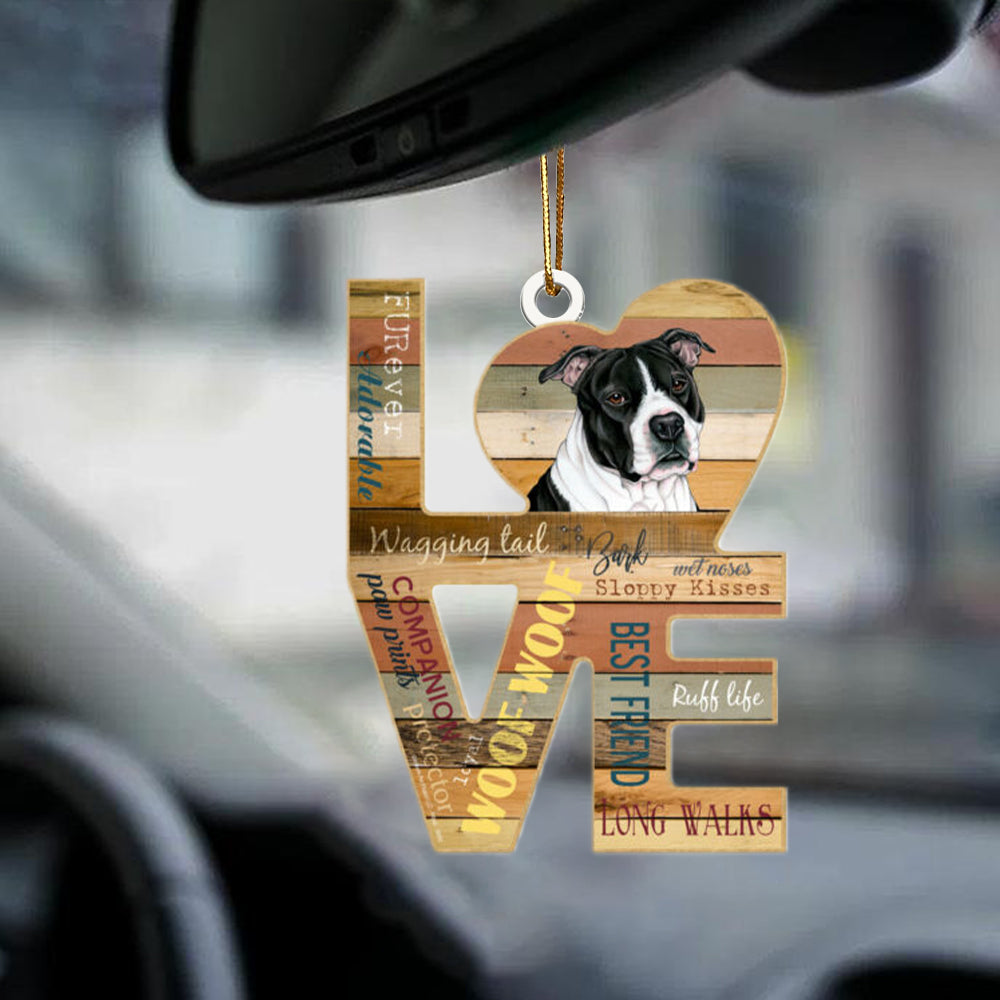 Pitbull Blk Wht Love Wood Dog-two sided ornament