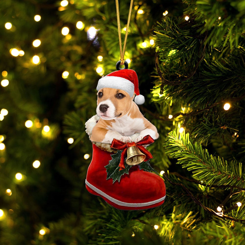 Dog in Santa Boot Christmas Two Sided Ornament Noodever