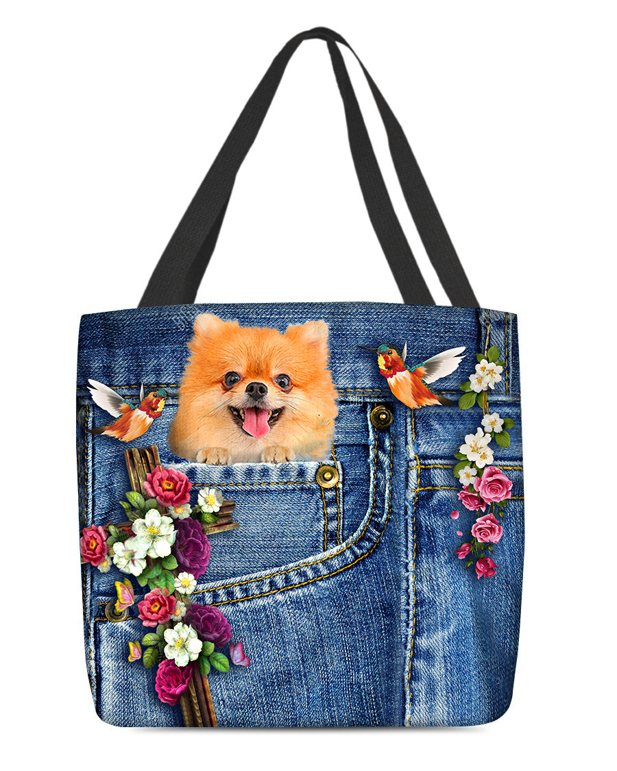 Pomeranian-Cardinal &amp; Cross Flower Cloth Tote Bag