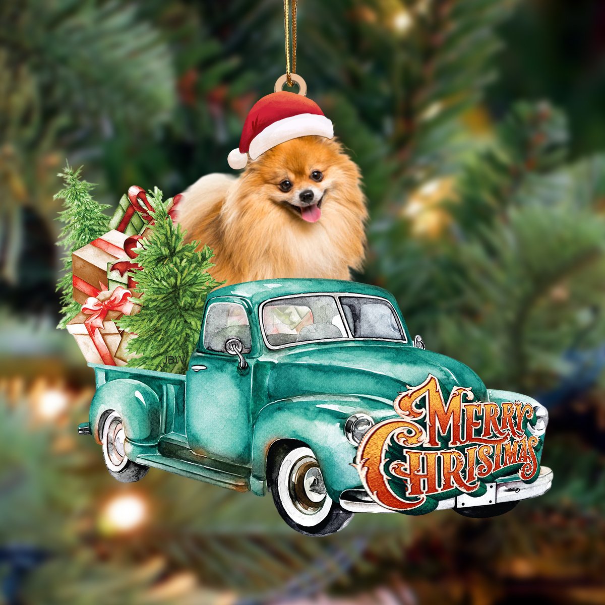 Pomeranian-Green Truck Hanging Ornament
