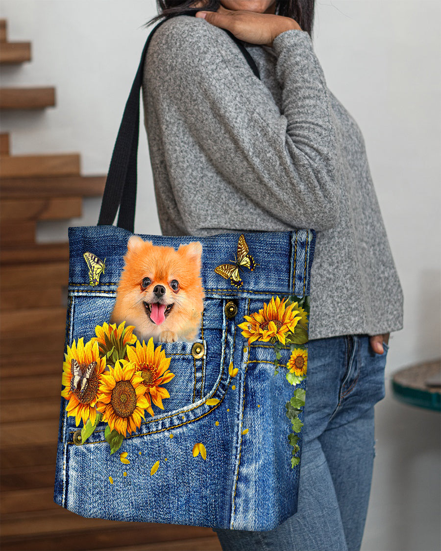 Pomeranian-Sunflowers &amp; Butterflies Cloth Tote Bag