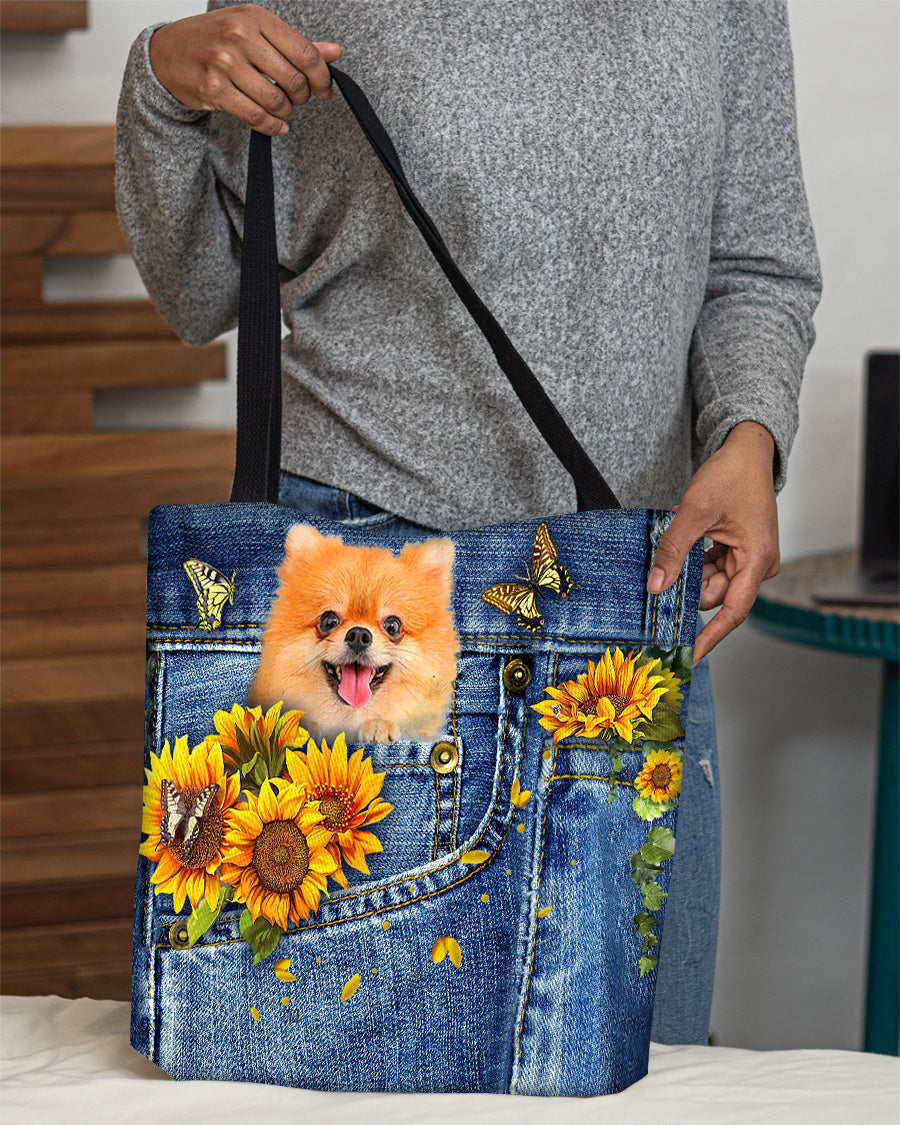 Pomeranian-Sunflowers &amp; Butterflies Cloth Tote Bag