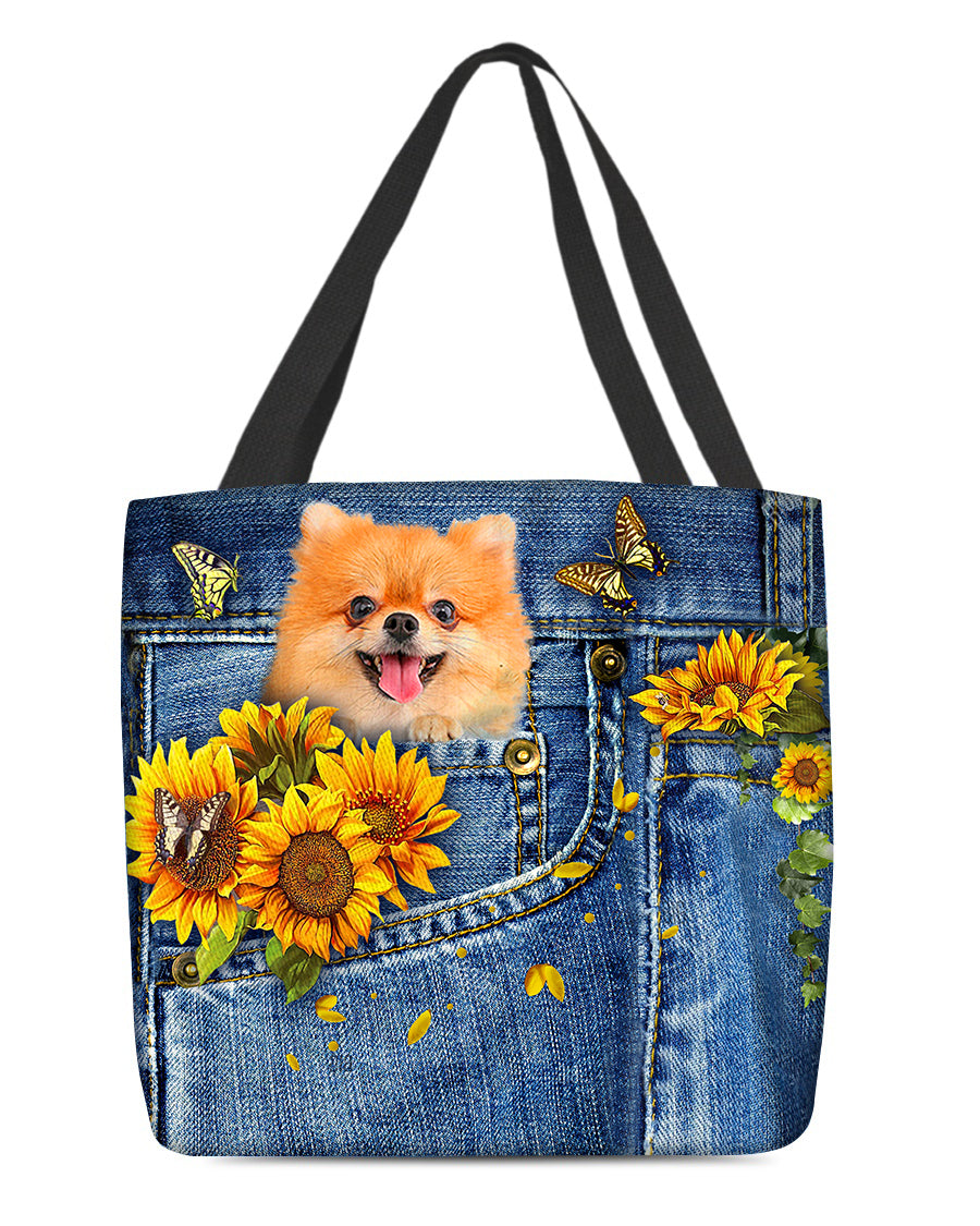 Pomeranian-Sunflowers &amp; Butterflies Cloth Tote Bag