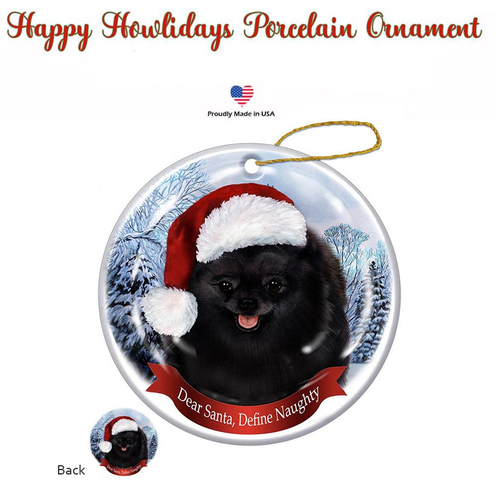 Pomeranian (Black) Santa Hat Porcelain Christmas Ornament