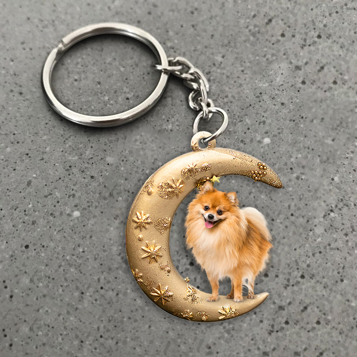 Pomeranian 2-Dog &amp; Moon Flat Acrylic Keychain