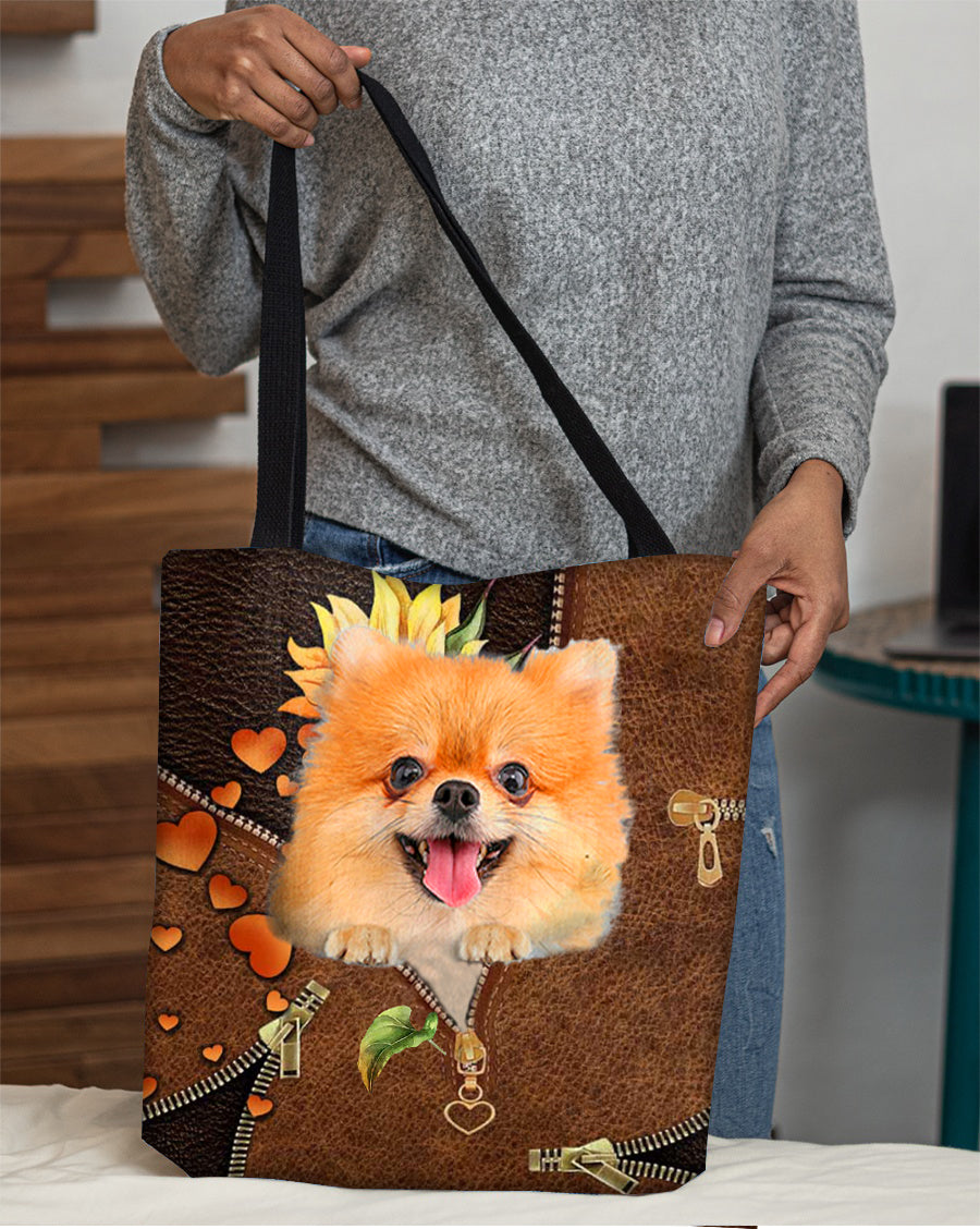 Pomeranian-Sunflower&amp;zipper Cloth Tote Bag