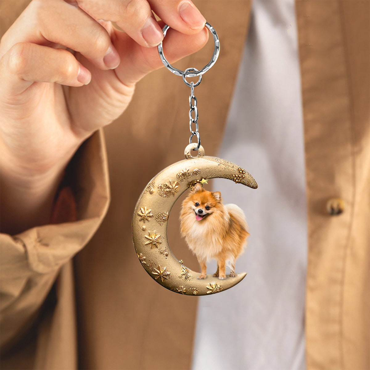 Pomeranian 2-Dog &amp; Moon Flat Acrylic Keychain