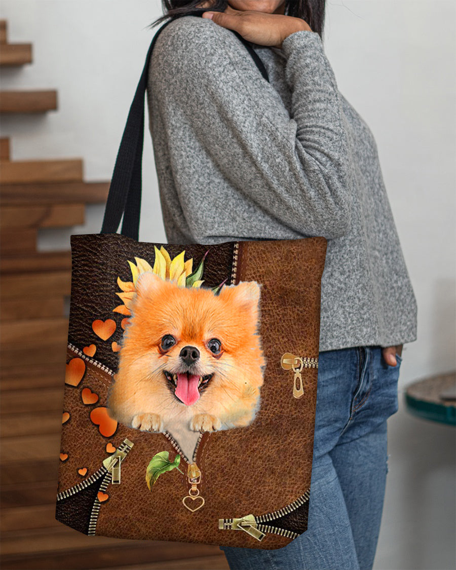 Pomeranian-Sunflower&amp;zipper Cloth Tote Bag