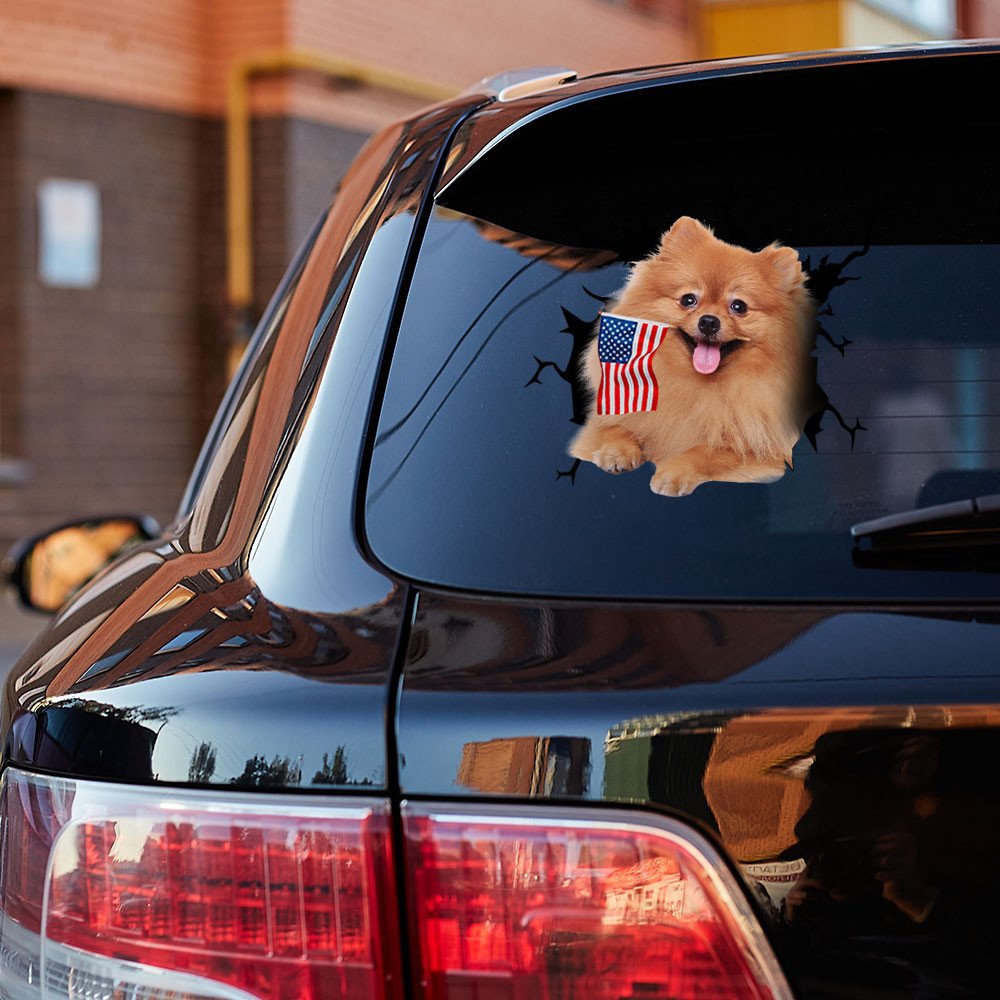 Pomeranian And American Flag Independent Day Car Sticker Decal