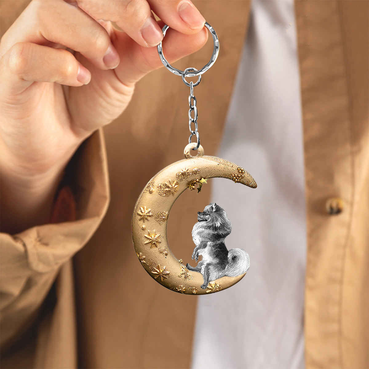 Pomeranian-Dog &amp; Moon Flat Acrylic Keychain