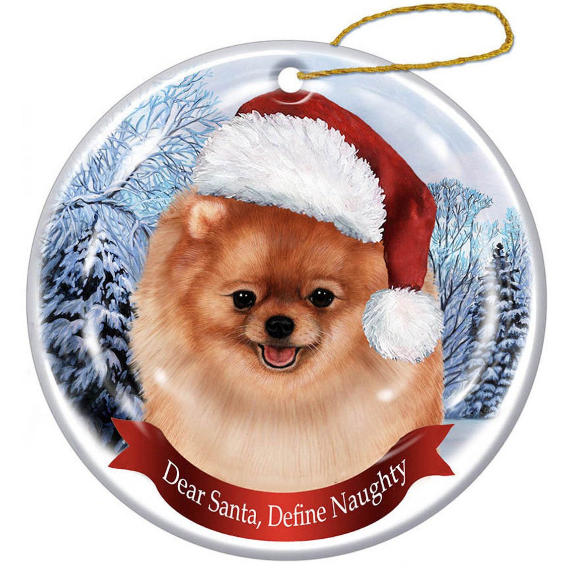 Pomeranian Santa Hat Porcelain Christmas Ornament