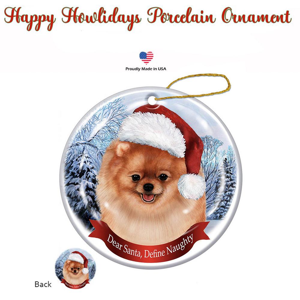 Pomeranian Santa Hat Porcelain Christmas Ornament