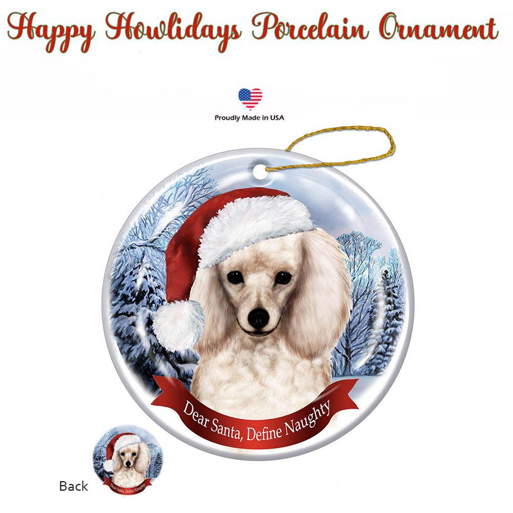 Poodle White Santa Hat Porcelain Christmas Ornament
