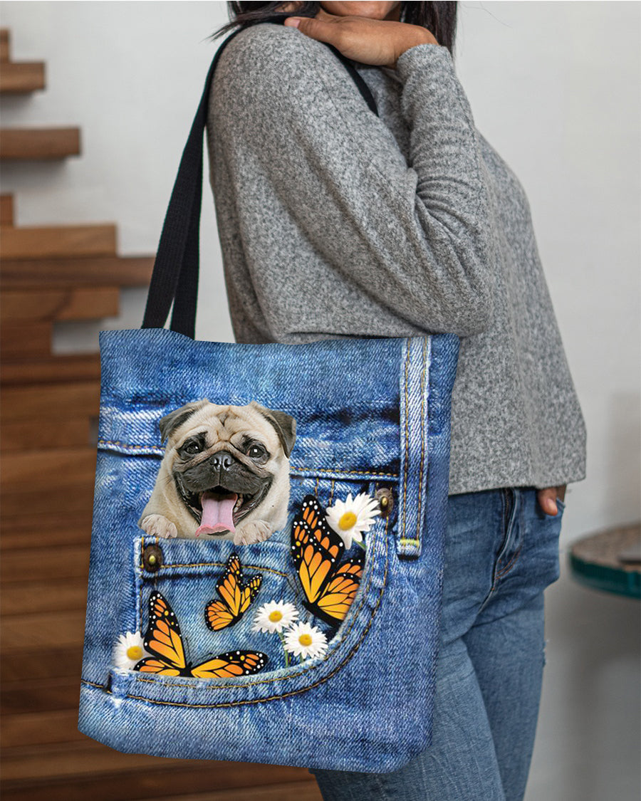 Pug-Butterfly Daisies Fait-CLOTH TOTE BAG