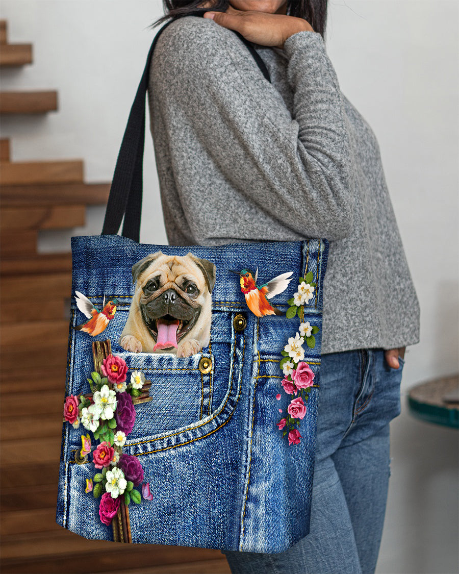 Pug-Cardinal &amp; Cross Flower Cloth Tote Bag