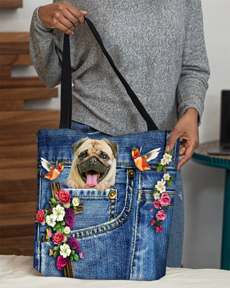 Pug-Cardinal &amp; Cross Flower Cloth Tote Bag
