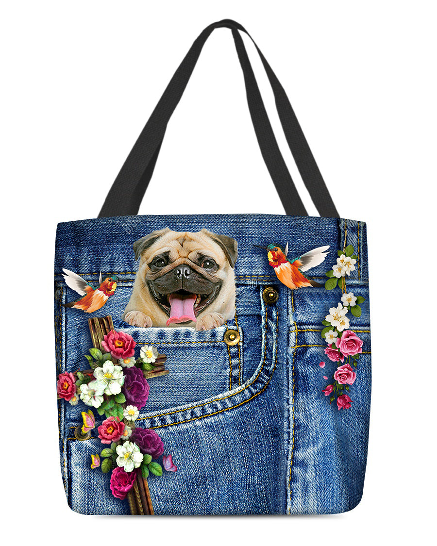 Pug-Cardinal &amp; Cross Flower Cloth Tote Bag