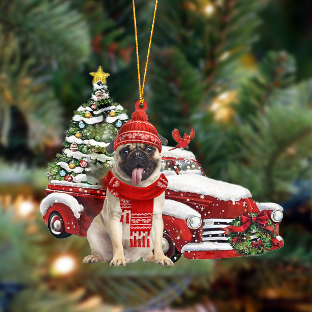 Pug-Christmas Car Two Sided Ornament