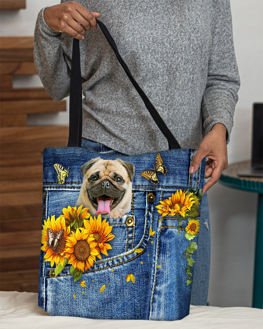 Pug-Sunflowers &amp; Butterflies Cloth Tote Bag