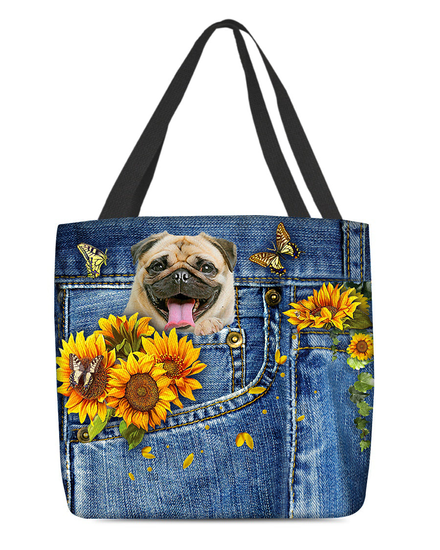 Pug-Sunflowers &amp; Butterflies Cloth Tote Bag