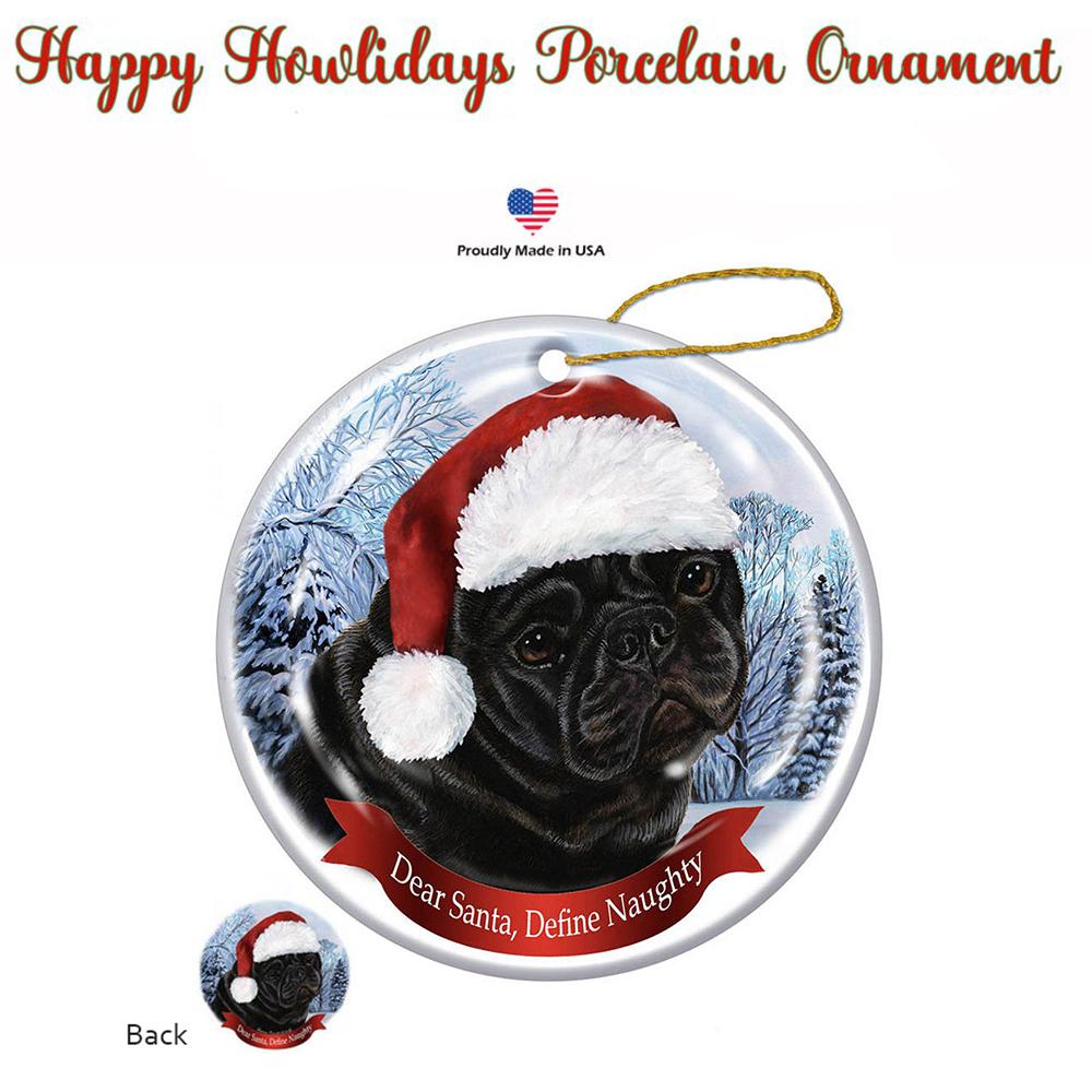 Pug (Black) Santa Hat Porcelain Christmas Ornament