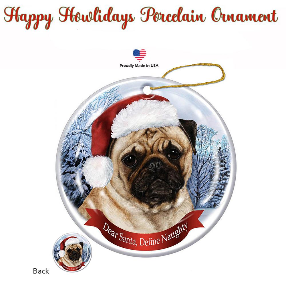 Pug (Fawn) Santa Hat Porcelain Christmas Ornament