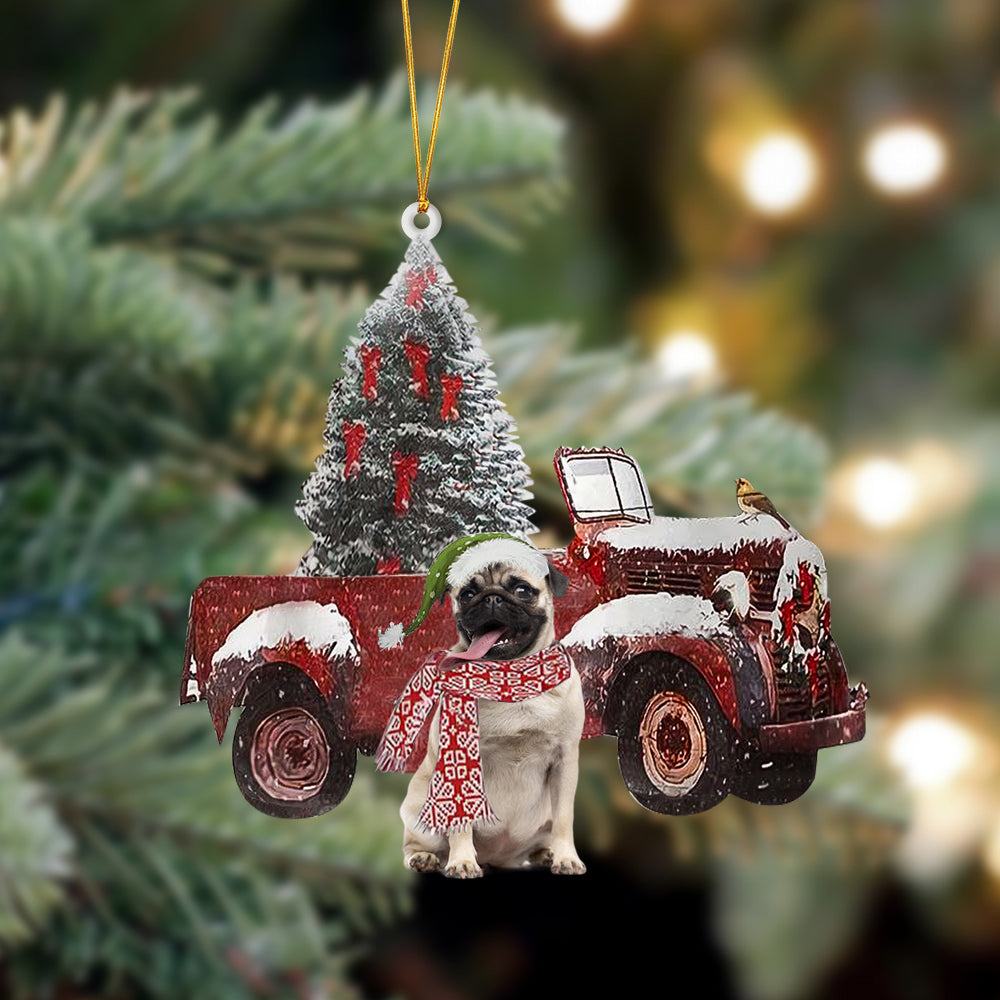 Pug 1-Christmas Truck Two Sided Ornament