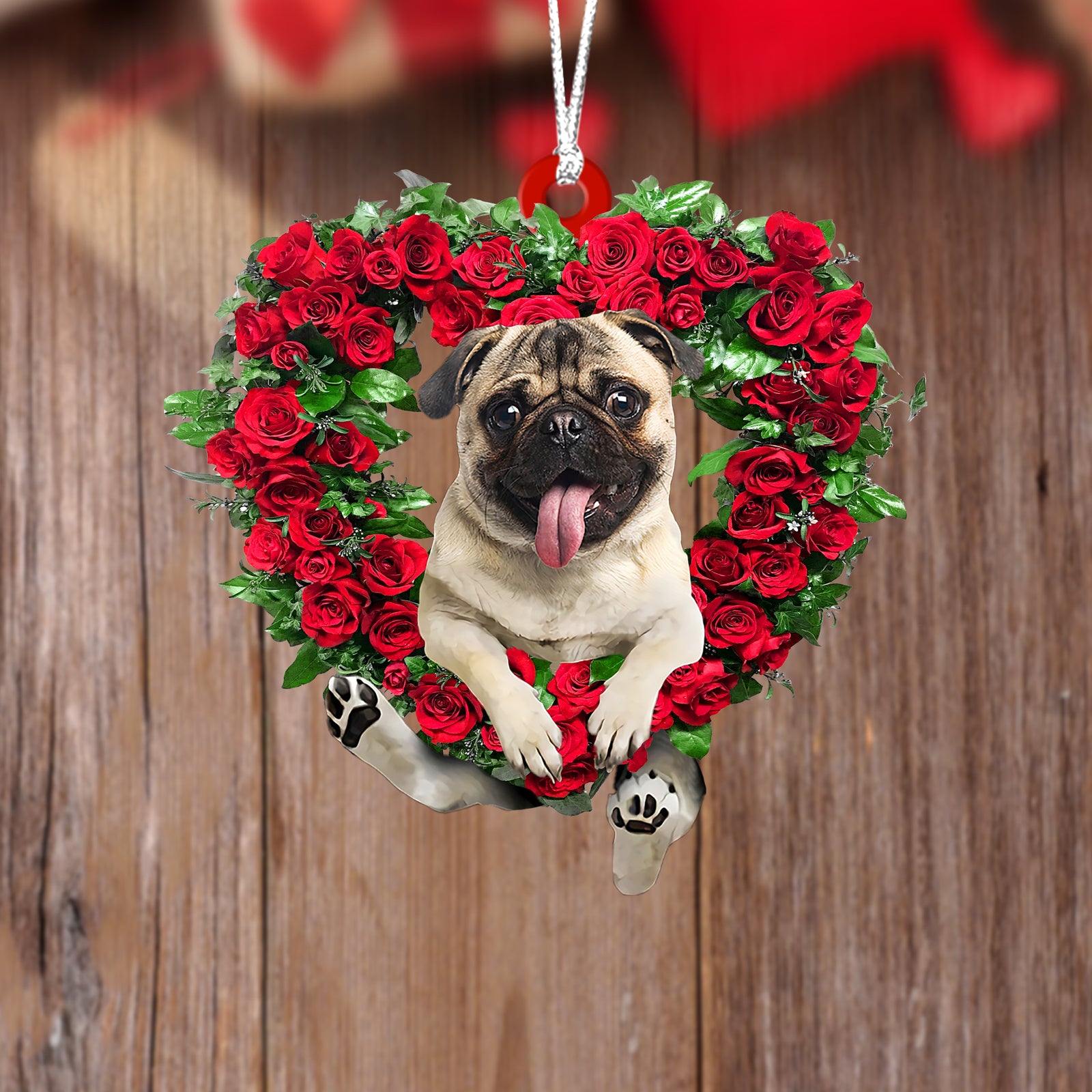 Pug1-Heart Wreath Two Sides Ornament