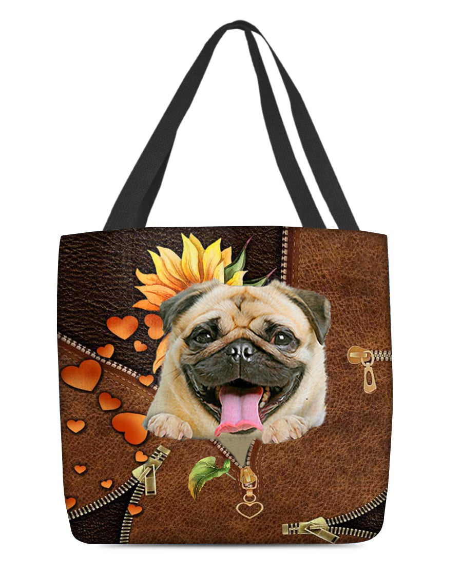 Pug-Sunflower&amp;zipper Cloth Tote Bag