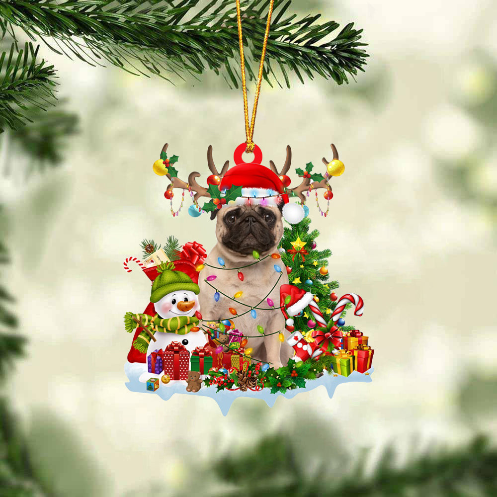 Pug 2-Elk & Snowman-Two Sided Ornament