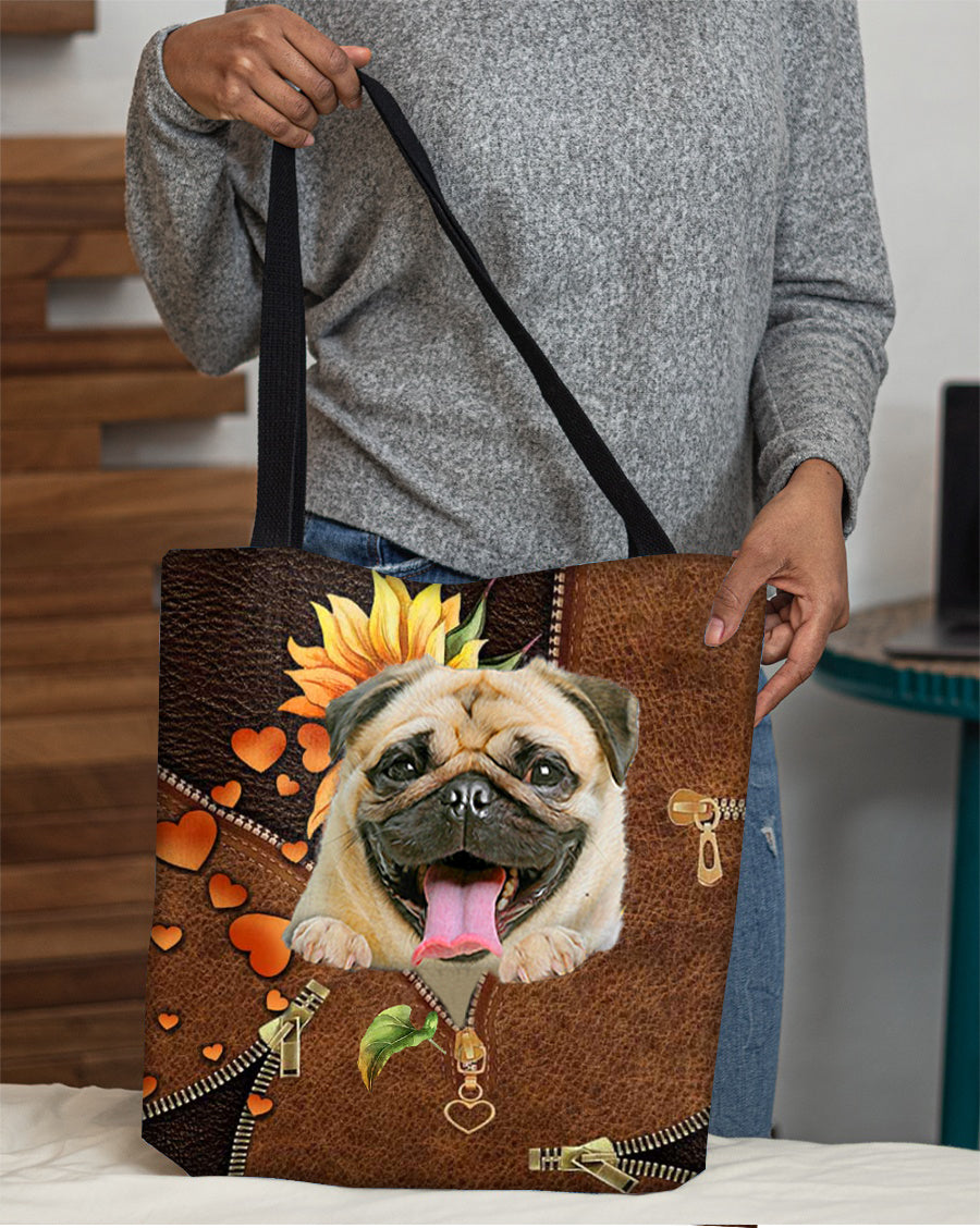 Pug-Sunflower&amp;zipper Cloth Tote Bag